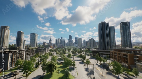 Urban panorama of city skyline with trees along streets on a sunny day