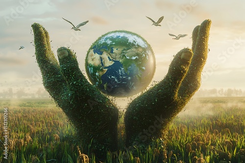 Concept human hand Save the world save environment holding city world is in the grass of the green bokeh background day