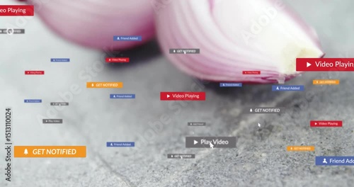 Appearing translucent play button initiating colored badges swirling across sliced shallot