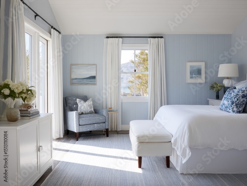 Light-filled bedroom with pale blue walls and white furnishings.