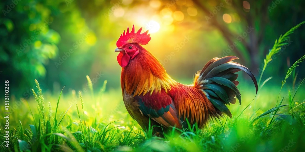 Fototapeta premium Surreal Rooster Photo, Red Feathers, Bare Neck, Green Grass, Fantasy Bird, Artistic Photography