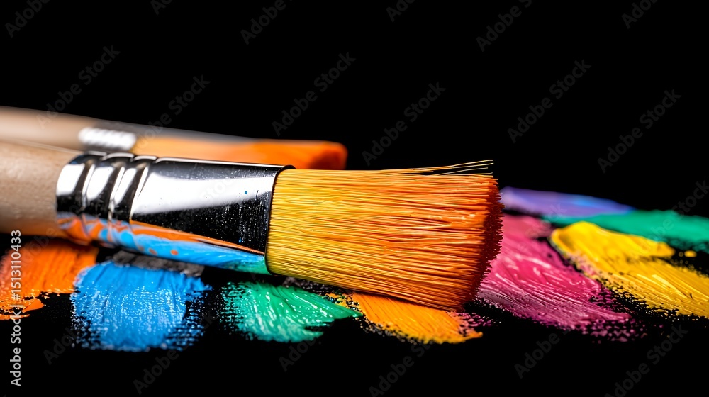 Fototapeta premium Closeup of Paintbrushes and Colorful Paint Strokes on Black Background