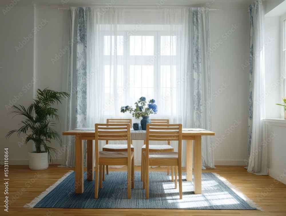 Fototapeta premium Dining area with a wooden table and chairs.