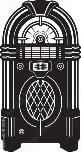 Vintage Jukebox Silhouette: An iconic jukebox, a retro symbol of music and nostalgia, captured in a sleek black silhouette for graphic design projects. Laser Cut Jukebox