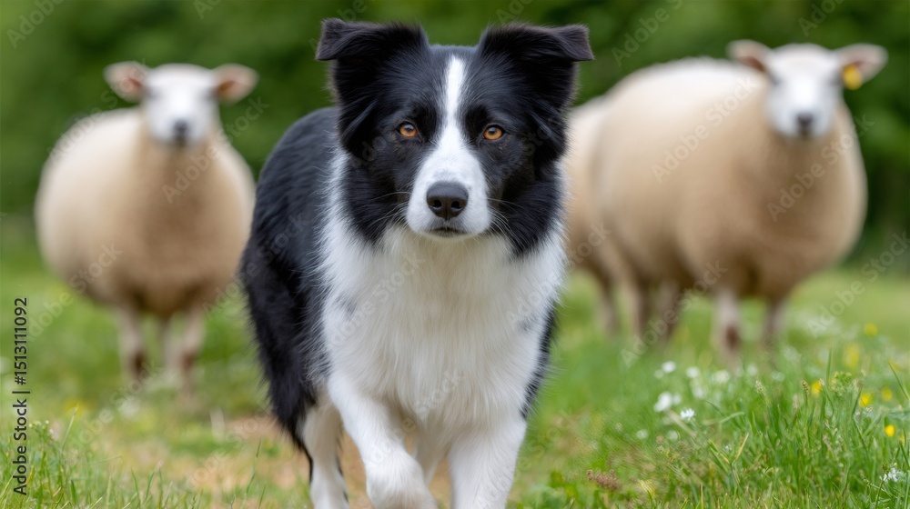 Fototapeta premium Border collie herding sheep in a green field