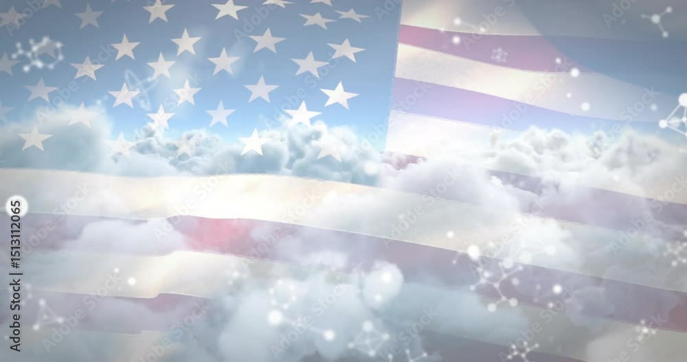 On loop start showing flag behind clouds, stripes undulating and sparkles shimmering for patriotism