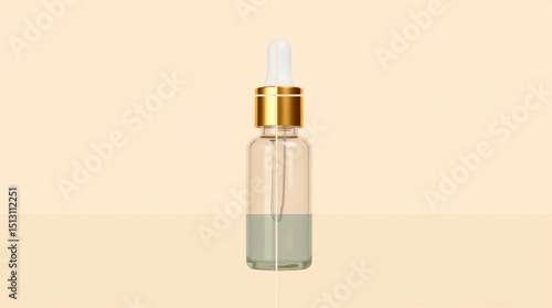 A glass dropper bottle with a gold lid and clear liquid, set against a minimalist light beige and green background