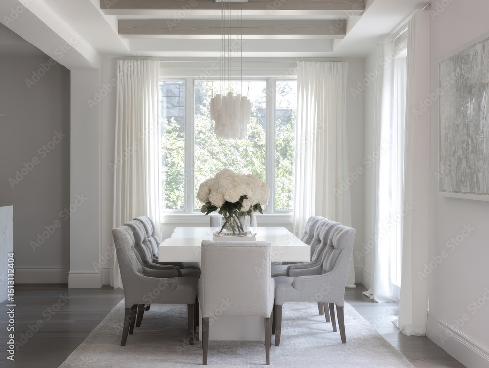 Fototapeta premium A modern dining room with a white table and gray chairs.