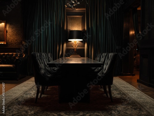 Dark, elegant dining room with tufted chairs and a large table.