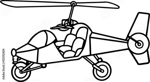 Gyrocopter black outline vector and illustration, coloring book page
