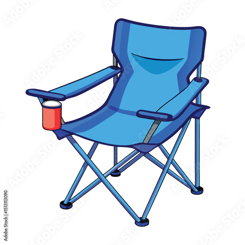 Cartoon Blue Folding Camp Chair with Cup Holder Isolated on White Background