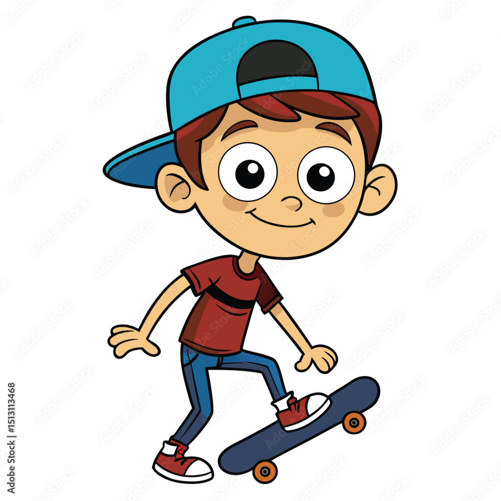Cartoon Boy with Blue Cap Riding Skateboard on Isolated White Background Cartoon Boy with Blue Cap Riding Skateboard on Isolated White Background