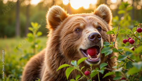 Brown bear eating berries in a lush forest during sunset  