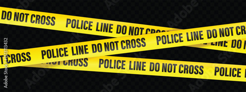 Police line do not cross, text on the yellow tape on white, black and transparent background. Realistic 3d Detailed Black and Yellow Police Line Tape.