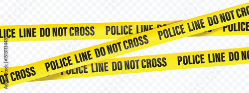 Police line do not cross, text on the yellow tape on white, black and transparent background. Realistic 3d Detailed Black and Yellow Police Line Tape.