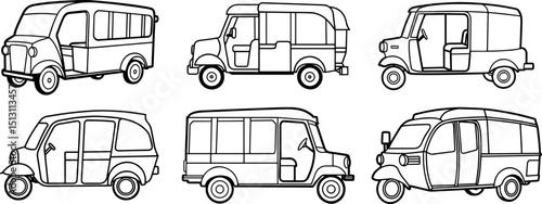 Set of Tuk tuk black outline vector and illustration, coloring book page