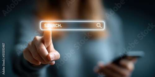 Digital Search: An up-close view showcases a hand using a finger to trigger a virtual search bar, with the soft glow of the technology highlighting the focused interaction of searching. 
