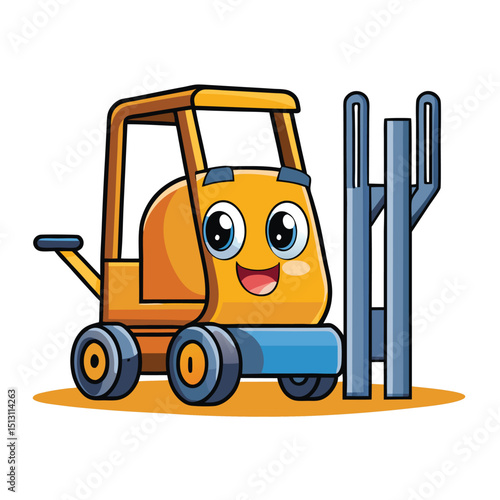 Cartoon Forklift with Big Eyes and Happy Expression Posing Beside Pallet Forks