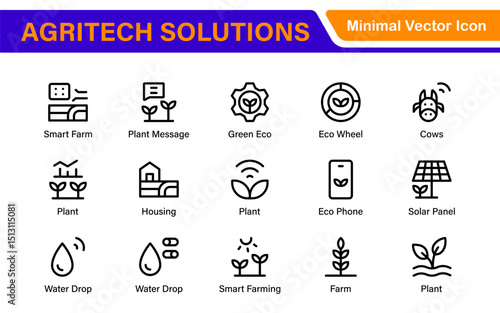 Modern Agritech and Smart Farming Icons – Clean Outline, Line Art, Vector Illustrations for Farm Technology, Automation, and Sustainable Agriculture Projects