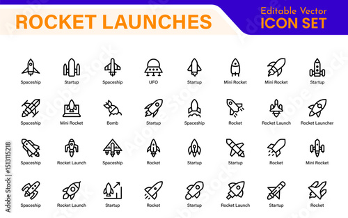Rocket Launch Icon Pack – Clean Outline, Line Art, and Vector Illustrations for Space Missions, Satellite Launches, and Aerospace Projects