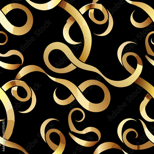 Golden swirling ribbon pattern on black background concept of seamless vector pattern  