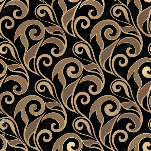 Ornate floral design seamless vector pattern in gold and black  