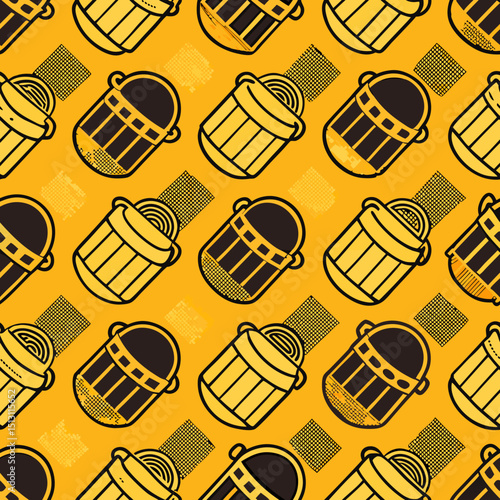 Seamless vector pattern of beer kegs on a vibrant yellow background  