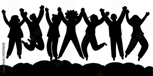 Silhouettes of eight joyful people jumping together in unison, their arms raised high in celebration, against a plain white backdrop.