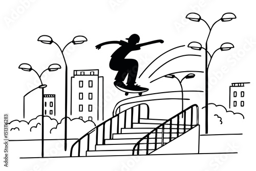 Skateboarder performing a daring stunt over a stairwell in a city setting, showcasing urban skateboarding and dynamic movement.