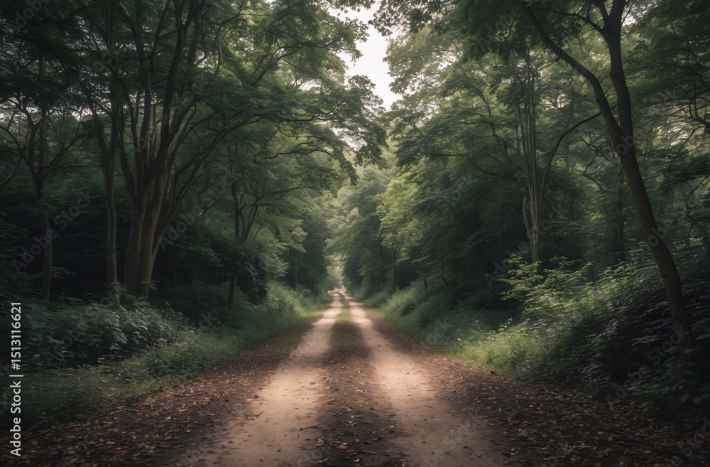 Fototapeta premium scenic forest trail surrounded by lush green trees in natural light