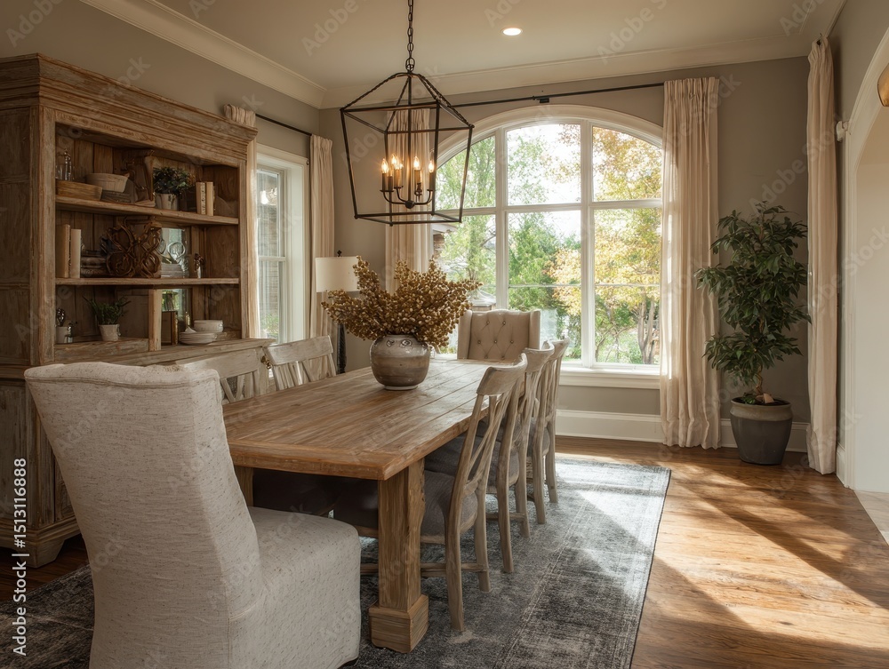 Fototapeta premium A rustic dining room with a large arched window.