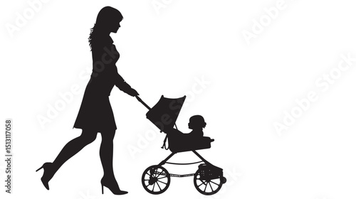 Mother with pram Silhouette Vector Illustration, black silhouettes isolated on white background