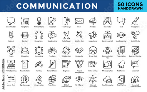 Communication icons set with speech bubble, telephone, mobile phone, video call, text message, email, mailbox, newsletter, chat, microphone icon. Simple handdrawn vector 
