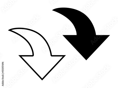 シンプルな下向きのモノクロの矢印のアイコン