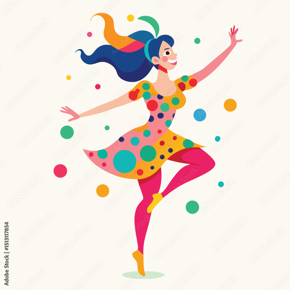 Festive Cartoon Woman Dancing with Colorful Dress and Confetti Illustration Art Festive Cartoon Woman Dancing with Colorful Dress and Confetti Illustration Art