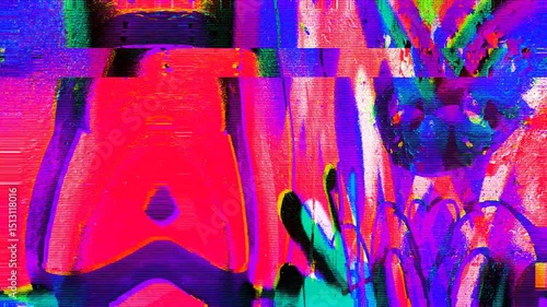 4k loop seamless animation - Vibrant Glitch Art in Neon Pink, Green, Blue. Modern 80s, 90s, Y2K Aesthetic. Street style, urban distortion, psychedelic vibe. Digital art, creative 2000s VJ background