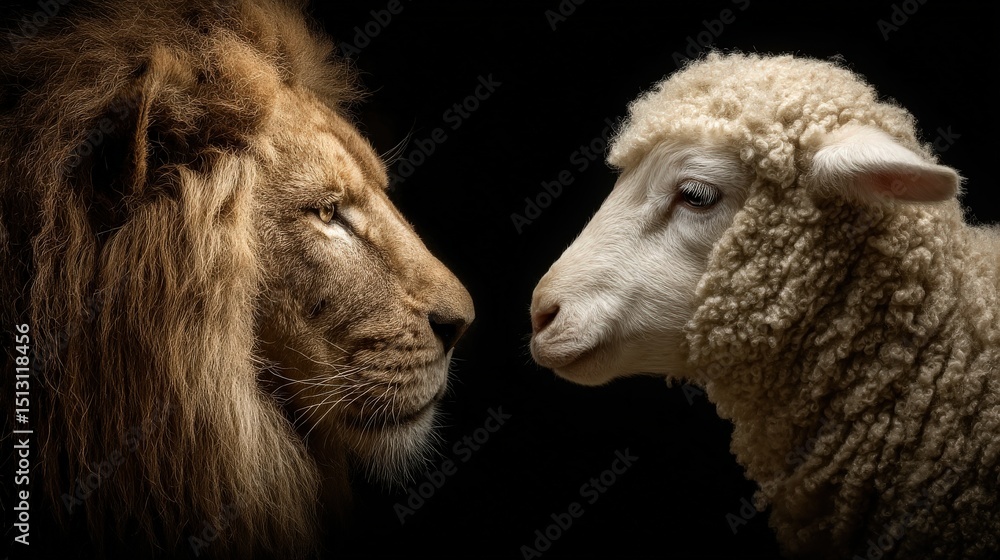 Fototapeta premium Unlikely Encounter: A majestic lion and a serene lamb engage in a moment of unexpected connection. Captured in a captivating portrait.