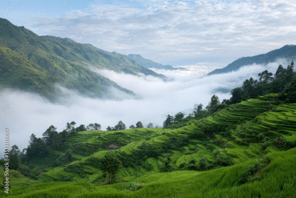 Fototapeta premium breathtaking view of rice terraces in indonesia under dramatic storm clouds framed by natural curves
