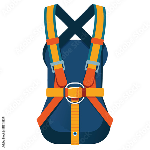 Illustration of a Blue Safety Harness with Orange Straps and Metal Buckles