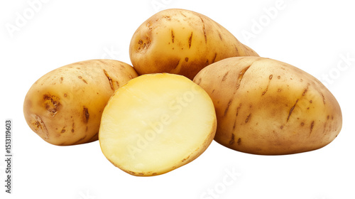 Potato and slice on transparent background, cutout, Png format
