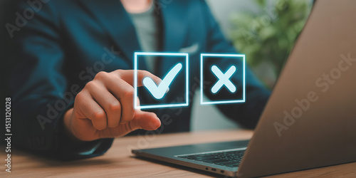 Businessperson Making a Choice Selecting Checkmark or Cross on Laptop Screen