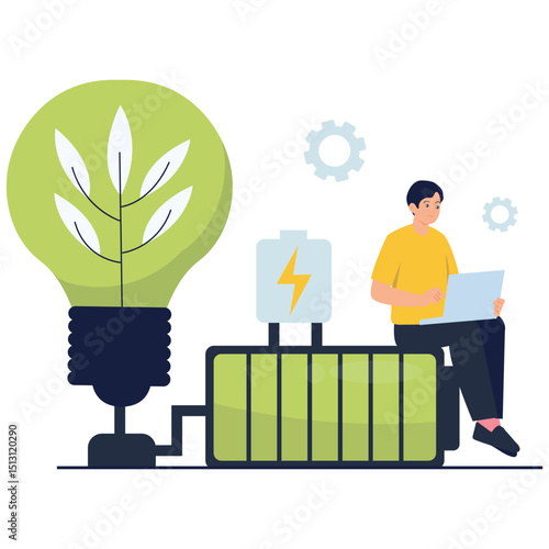 A person works beside a glowing green bulb, battery storage, and eco power source.