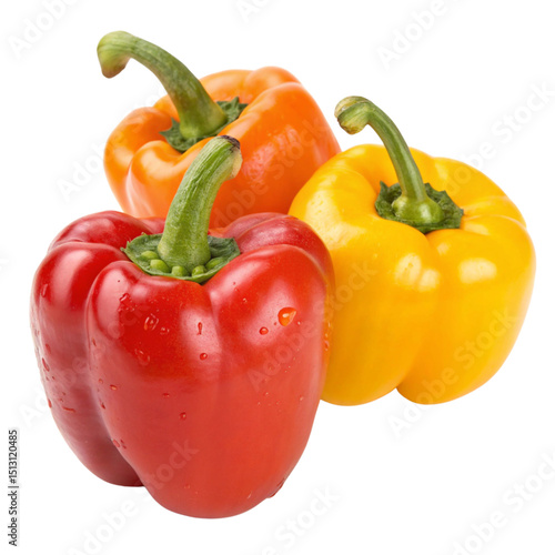 Three bell peppers red yellow orange isolated on transparent background