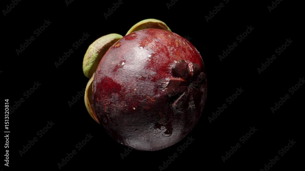 Whole Mangosteen Rotating in Seamless Loop with Textured Skin and Green Crown on Isolated Black Background, Showcasing Exotic Tropical Produce, Healthy Eating Concept Whole Mangosteen Rotating in Seamless Loop with Textured Skin and Green Crown on Isolated Black Background, Showcasing Exotic Tropical Produce, Healthy Eating Concept
