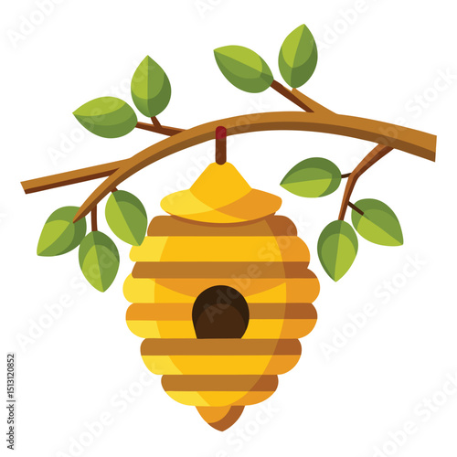 Striped Beehive Hanging from Tree Branch with Green Leaves Simple, Clean Illustration Style