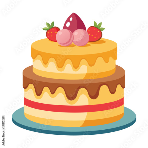 TwoTier Cake with Strawberries, Macarons, and Drip Icing on a Blue Plate