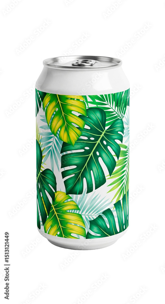 Fototapeta premium A beverage can decorated with a vivid tropical pattern of green and yellow-green monstera and palm leaves.