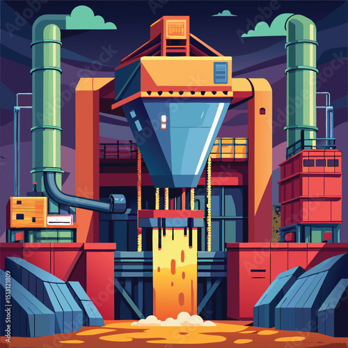 Vector Illustration of Colorful Industrial Foundry Pouring Hot Molten Metal into the Mold
