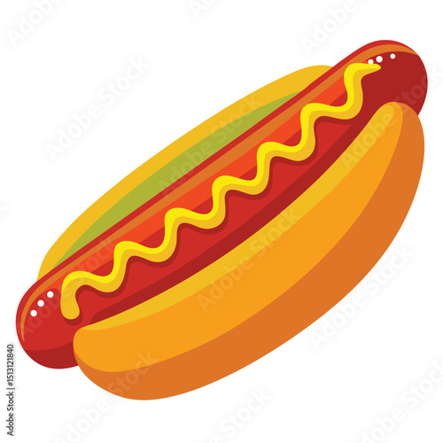 Vector Hot Dog Illustration with Mustard Drizzle in Fresh Golden Bun