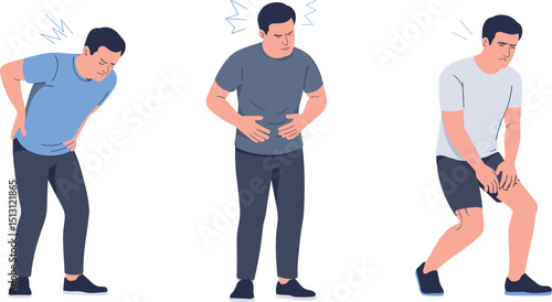 Man Experiencing Physical Pain in Back, Stomach, and Leg Cartoon Illustration Depicting Health Issues, Injury, or Discomfort for Medical or Wellness Concepts